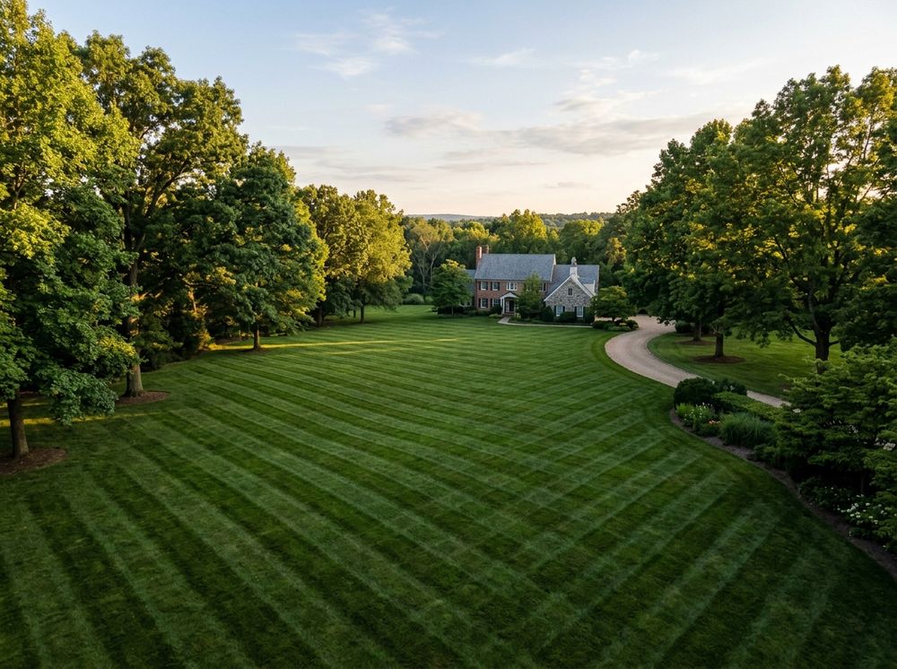 Freshly mowed estate lawn with crisp diagonal stripes
