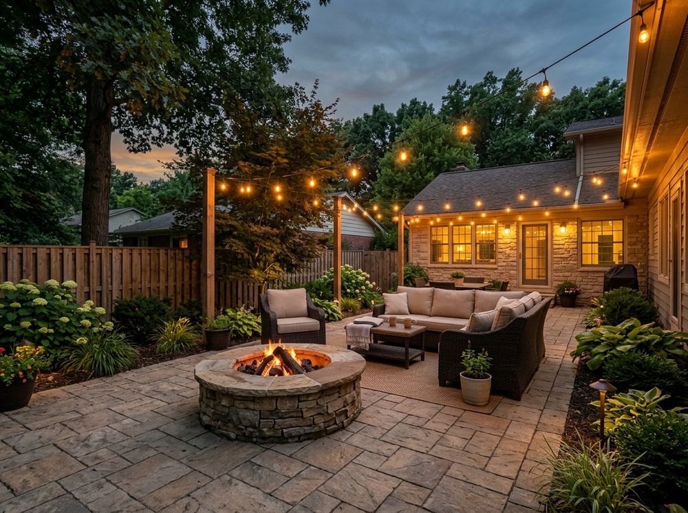 Paver patio with a stone fire pit at dusk