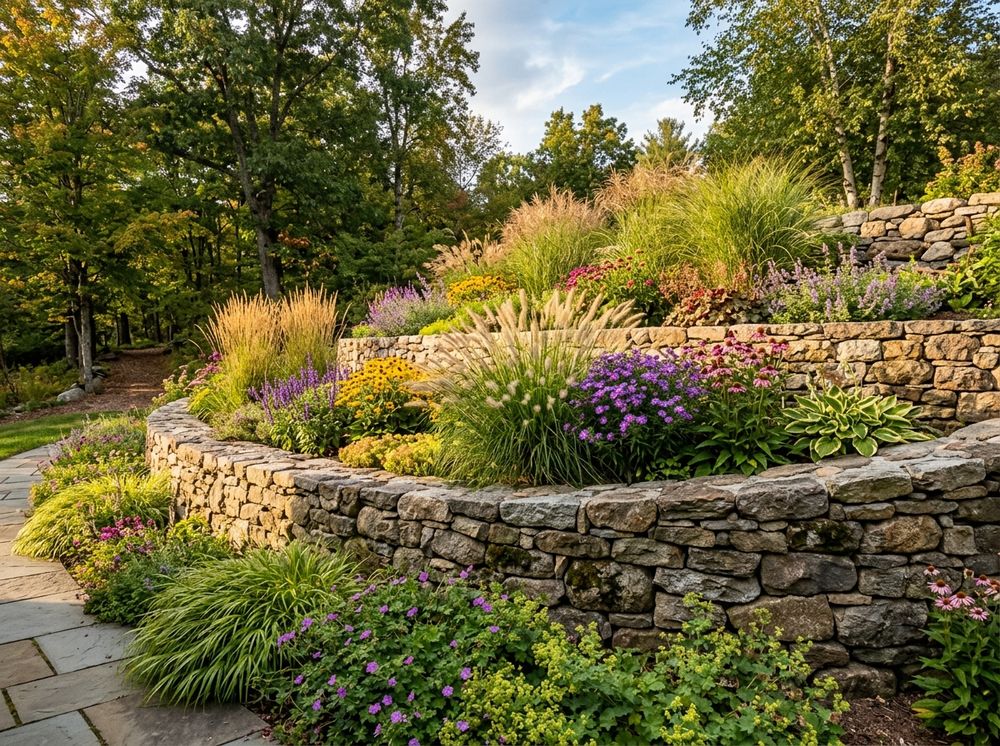 Dry-stacked stone retaining wall with tiered garden beds