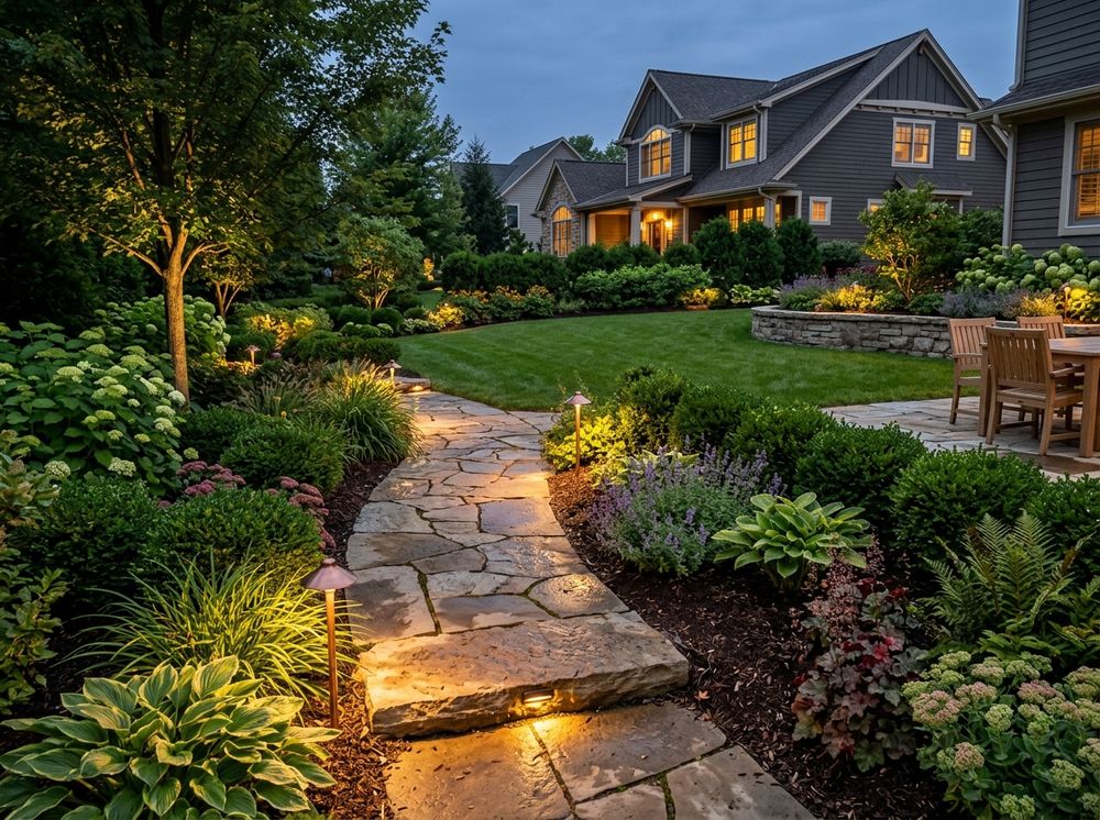 Backyard walkway with landscape lighting at dusk