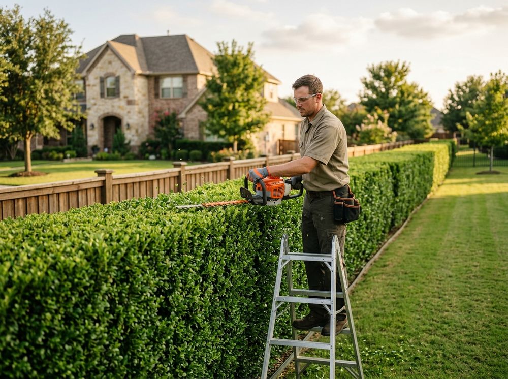 Crew member shaping a tall hedge row