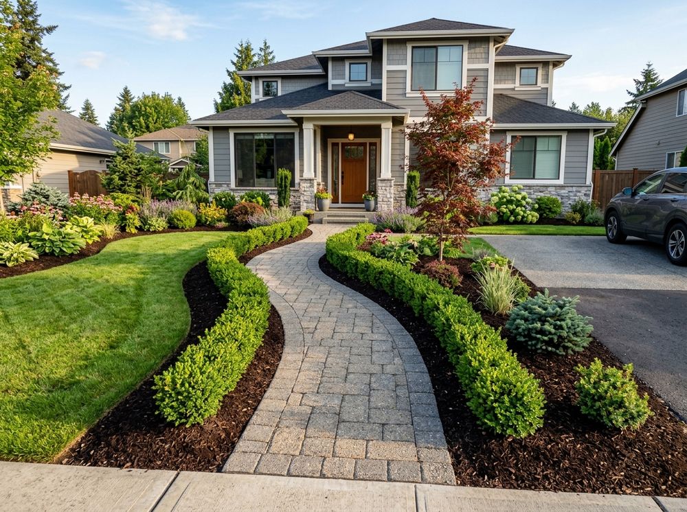 New front walkway with trimmed boxwoods and fresh mulch