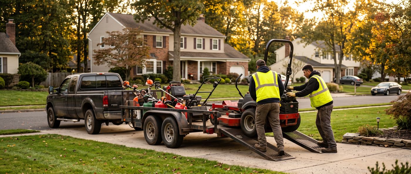 Jays Landscaping crew loading a mower onto their trailer at a client property