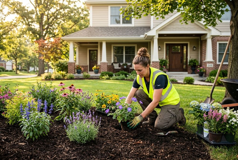Landscaper planting flowering shrubs in a mulched bed