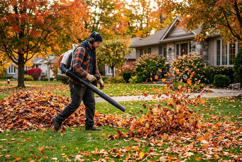 Crew member blowing autumn leaves off a lawn