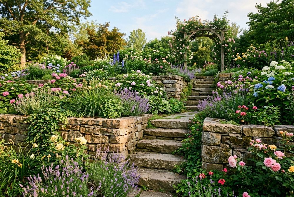 Stacked stone retaining wall and garden steps