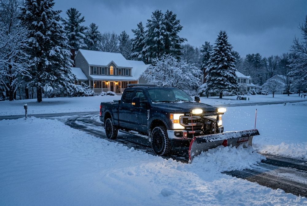 Pickup truck plowing snow from a driveway