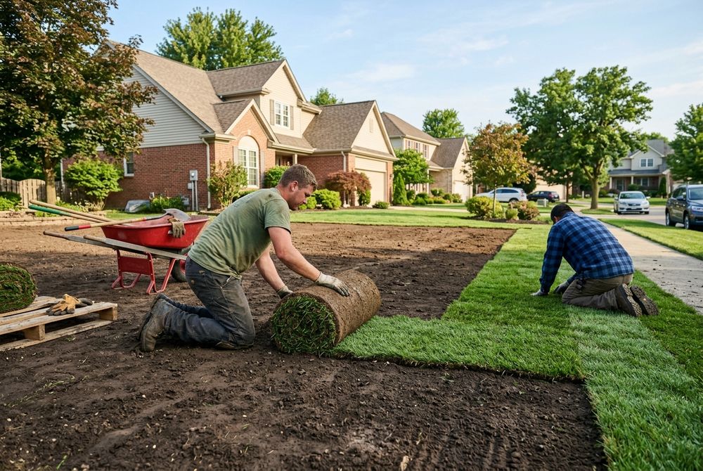 Fresh sod rolls being installed on a front lawn