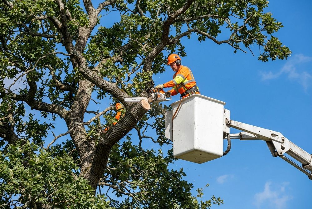 Arborist trimming tree branches from a bucket lift